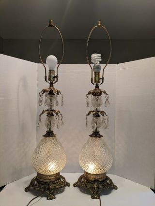 Vintage Pair Hollywood Regency Cut Crystal Prism And Brass Table Lamps.