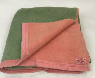 Vintage Wool Blanket Woolcot Satin Trim Reversible Pink Green Throw Canada