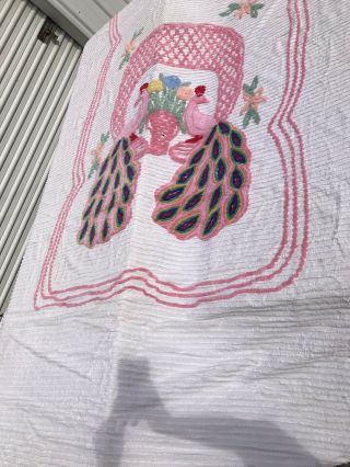 Vintage Pink & White Chenille Double Peacock Bedspread 85” X 103” 4 Small Holes
