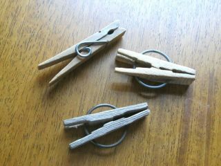 3 Rare Examples Of Primitive Clothes Pins Wooden Round Wire Springs