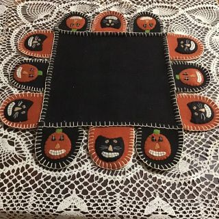 Primitive Fall Table Runner Felt Pumpkins Black Cats Vintage Halloween