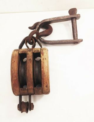 Vtg antique cast iron wood rope hay drop pulley barn farm tool w/ hanger 2