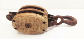Vtg antique cast iron wood rope hay drop pulley barn farm tool w/ hanger 3