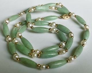 Vintage Art Deco 14k Gold Green Jadeite Jade & Sea Pearl Necklace 25.  5 " (25g)