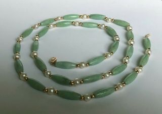 Vintage Art Deco 14K GOLD GREEN JADEITE JADE & SEA PEARL Necklace 25.  5 