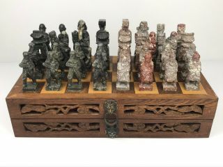 Vintage Chinese Soapstone Chess Set / Hand Carved W/ Wooden Board / Complete Set