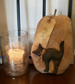 Primitive Black Cat Pumpkin Pillow Shelf Sitter,  Fall Halloween