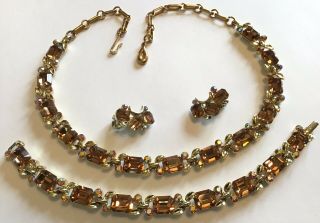 Vintage Lisner Signed Honey Topaz Rhinestone Necklace Bracelet & Earrings