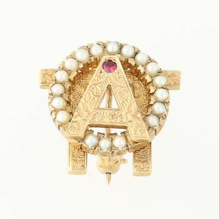 Alpha Omicron Pi Badge 10k Gold Pearls Ruby Chased Vintage Sorority Pin Greek