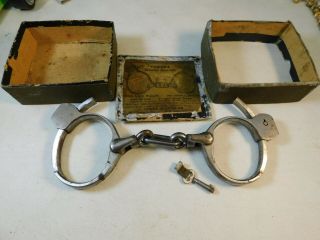 Old Heavy Duty Towers Detective Handcuffs Manacles Shackles With Key & Box