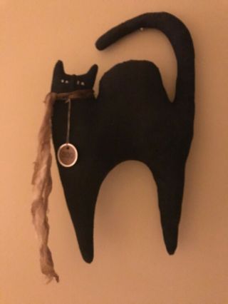 Primitive Folk Art Halloween Black Cat Door Greeter Door Hanger 14”x7.  5”
