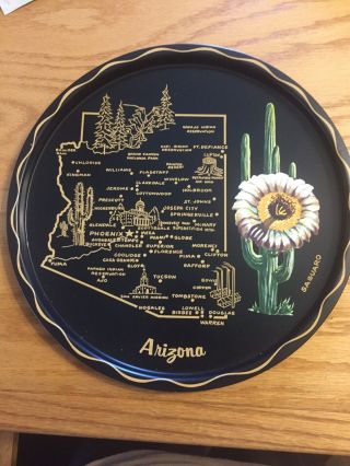 Vintage Metal Souvenir Tray State Of Arizona Map Flower Saguaro 1970s