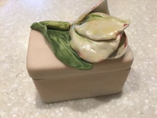 Vintage Bisque Porcelain Trinket Box With Raised Flower On Top