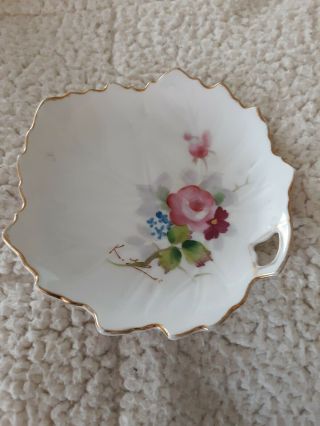 Vintage Made In Japan Leaf Shape 5 " X 4 3/4 " Trinket Dish Pink Roses Flowers