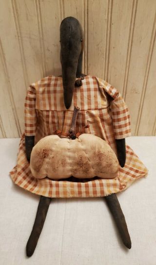 Primitive Grungy Black Lady Crow Doll & Her White Fall Pumpkin