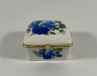 Small Square Hinged Trinket Box Off White With Flowers In Variations Of Blue