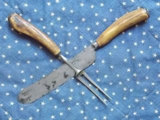 1830 Stag Knife And 2 Tine Fork.  C.  Congreve,  Sheffield Mexican,  Civil War Era Set