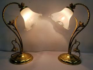 Vintage Pair Brass Gooseneck Table Lamp With Murano Glass Style Shade