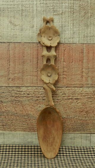 Vintage Carved Wooden Spoon With Flowers On Handle