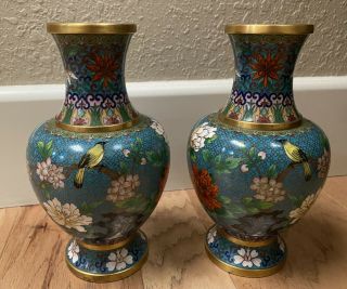 Antique Vintage Chinese Asian Cloisonné Brass & Enamel 8.  25” Flower & Bird Vases
