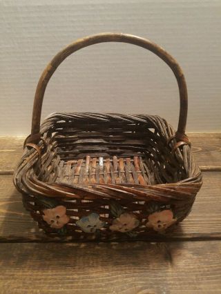 Antique Handmade Splint Gathering Basket Bent Wood Handle Carved Painted Flowers