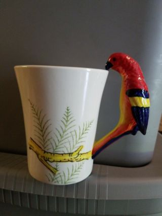 Pier 1 Imports Coffee Cup Mug Parrot Tropical Bird Hand Painted Stoneware