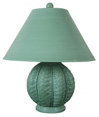 Vintage Painted Wicker Rattan Boho Chic Green Urn Shaped Table Lamp & Shade