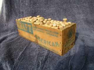 Vintage Kraft Wooden 5lb Cheese Box,  100 Old Round Wood Wire Clothes Pins