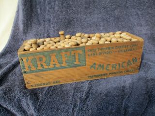 vintage kraft wooden 5lb cheese box,  100 old round wood wire clothes pins 2