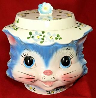 Vintage Lefton Miss Priss Kitty Cat Cookie Jar With Flower Lid 1502 Japan 1950 