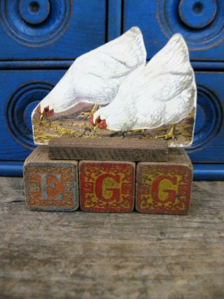 Early Antique Wood Blocks Spell Egg W Early Chicken Cardboard Cutout Farm Set