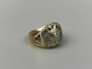 Vintage Masonic 10k Yellow Gold Diamond Double Eagle 32 Degree Ring Mason