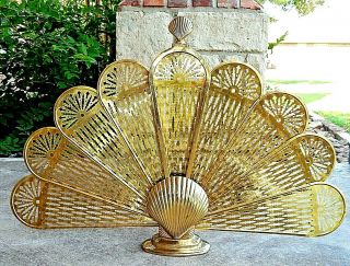 Vintage Brass Peacock Fireplace Screen Clam Shell Folding Fan Art Deco Mcm