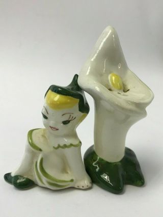 Vintage Pixie Elf Sprite Fairy White Flower Lily Salt And Pepper Shaker