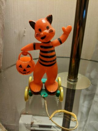 Vintage Rosbro Rosen Halloween Cat With Pumpkin Pull Toy Candy Container