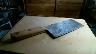 Meat Cleaver 14 Inch Wood Handle Brass Rivets Vintage Old Butchering Knife