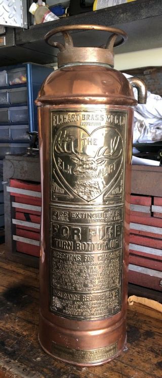 Elkhart Fire Extinguisher Vintage Antique Large Elk Copper W Brass Nameplate