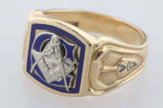 Vintage 14k Gold Blue Enamel Masonic G Compass Plumb & Trowel Men 