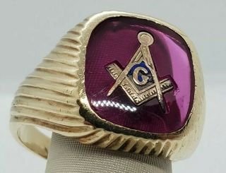 Vintage Masonic Ruby Ring 10k Yellow Gold Size 12