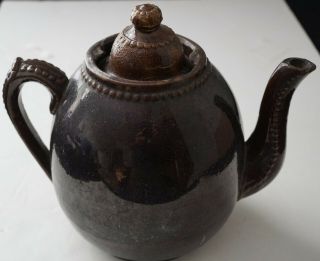 Antique Primitive Pottery Teapot Brown Stone Ware W Lock Lid