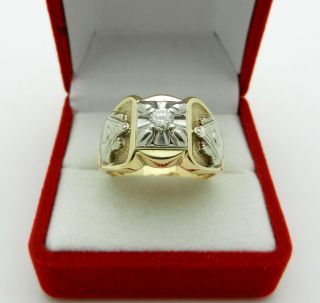 Vintage HEAVY Masonic 0.  25 ct Diamond 14k Two Tone Gold Men ' s Ring size 10 3