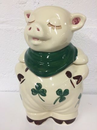 Vintage Shawnee Pottery Smiley Pig Cookie Jar Clover Shamrock Scarf Usa Perfect