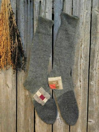 Antique Primitive Old Pair Long Gray Wool Stockings Vintage Christmas