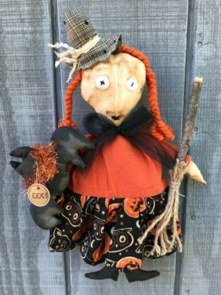 Primitive Halloween Witch Doll Shelf Sitter With Bat