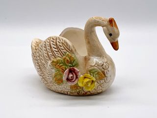 Small Glazed Ceramic Swan Goose Planter Figurine Capodimonte Roses 4”l 3”h 3 3”w