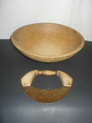 Antique Wooden Primitive Dough Bowl 13 1/2 " Out Of Round With Dough Cutter