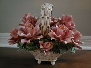 Capodimonte Vintage Porcelain Flower Pink Roses Basket With Handle 12x8.  5x9.  5 "