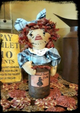 Primitive` Handmade` Raggedy Ann In A Rusty Can`general Store Dolls