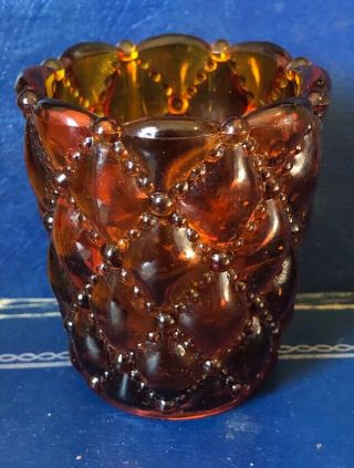 Vintage - 2 " Amber Colored Glass Quilted Votive Candle/toothpick Holder Le Smith