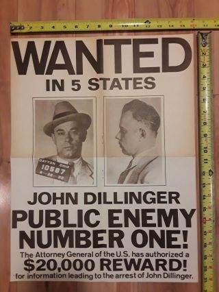 John Dillinger Fbi Wanted Poster,  Public Enemy 1,  Rare,  Gangster,  Mob